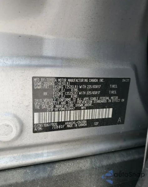 2021 Toyota Rav4 Le из США, поврежденный, VIN 2T3F1RFV9MC209447